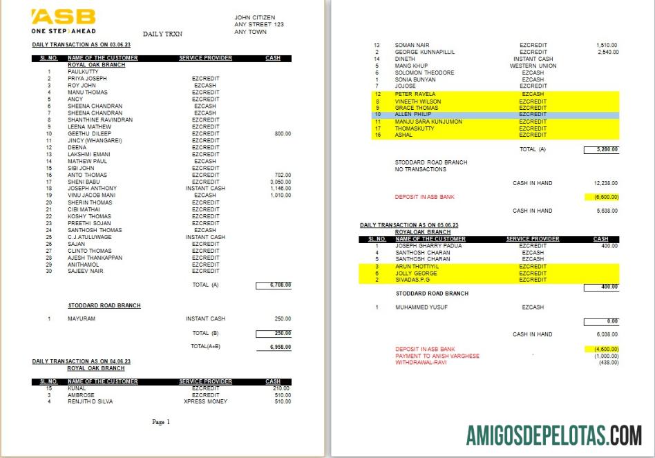 Extrato bancário ASB realista da Nova Zelândia modelo Word e PDF, 2 páginas